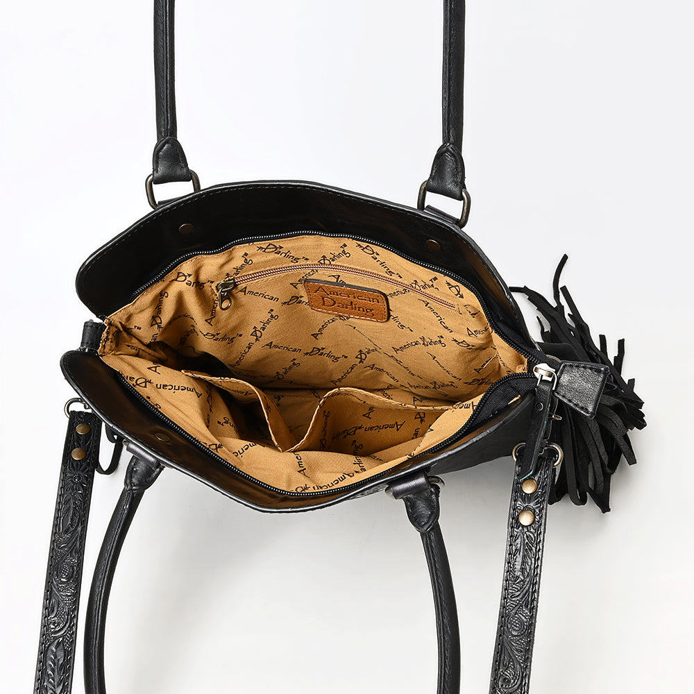 ADBG1501 Black Tooled Leather Tote Bag - Western Fringe & Floral Yoke Design