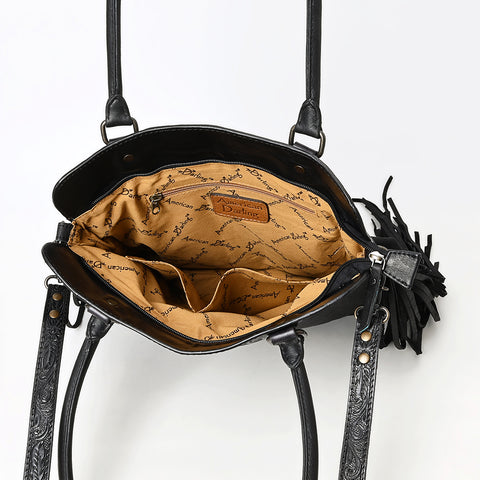 American Leather Western Leather Tote Bag with Hand-Tooled Floral Panel & Fringe Details