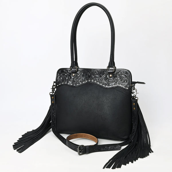 ADBG1501 Black Tooled Leather Tote Bag - Western Fringe & Floral Yoke Design