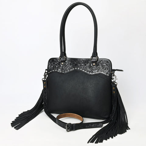American Leather Western Leather Tote Bag with Hand-Tooled Floral Panel & Fringe Details