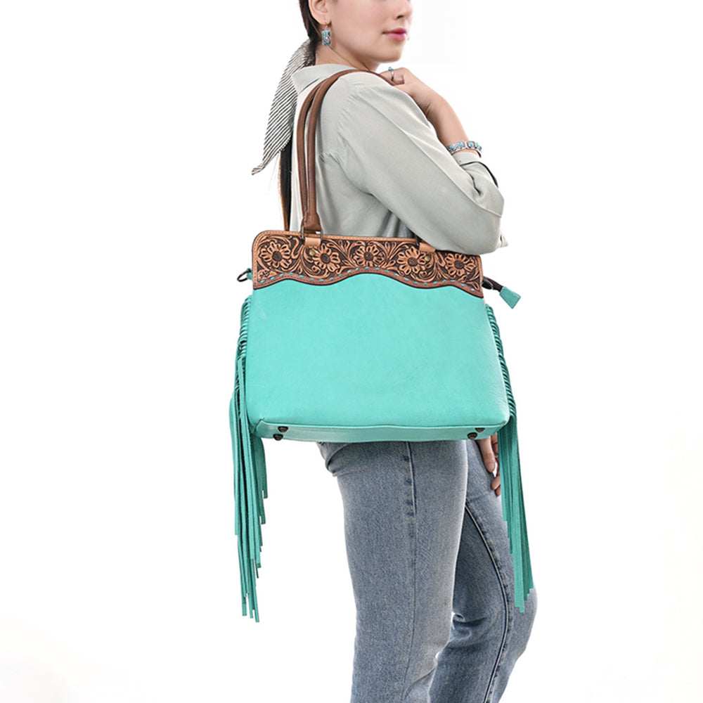 ADBG1502 Turquoise Leather Western Tote - Tooled Floral Yoke, Fringe & Crossbody Strap