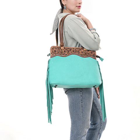 American Darling Western Leather Tote Bag with Hand-Tooled Floral Panel & Fringe Accents