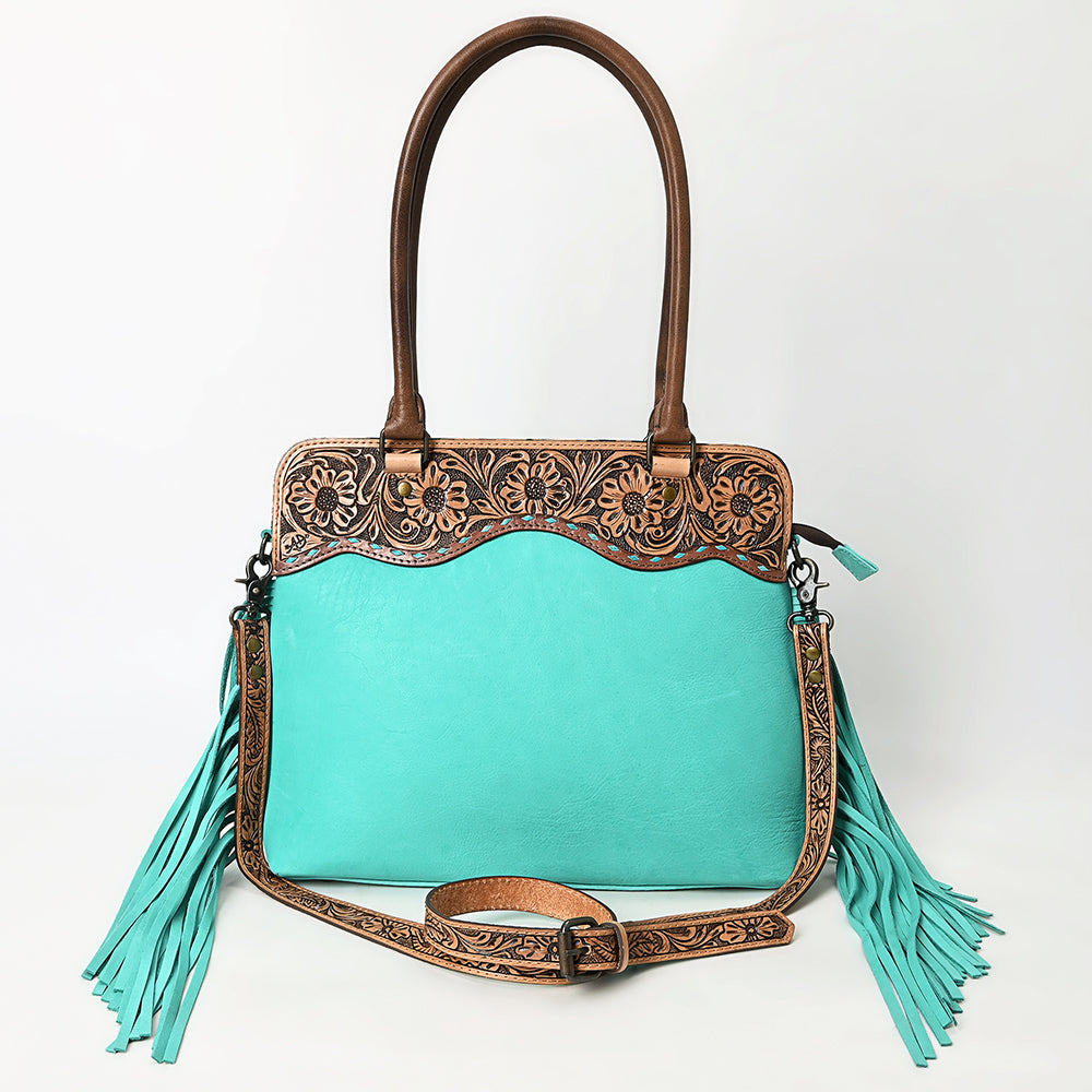 ADBG1502 Turquoise Leather Western Tote - Tooled Floral Yoke, Fringe & Crossbody Strap