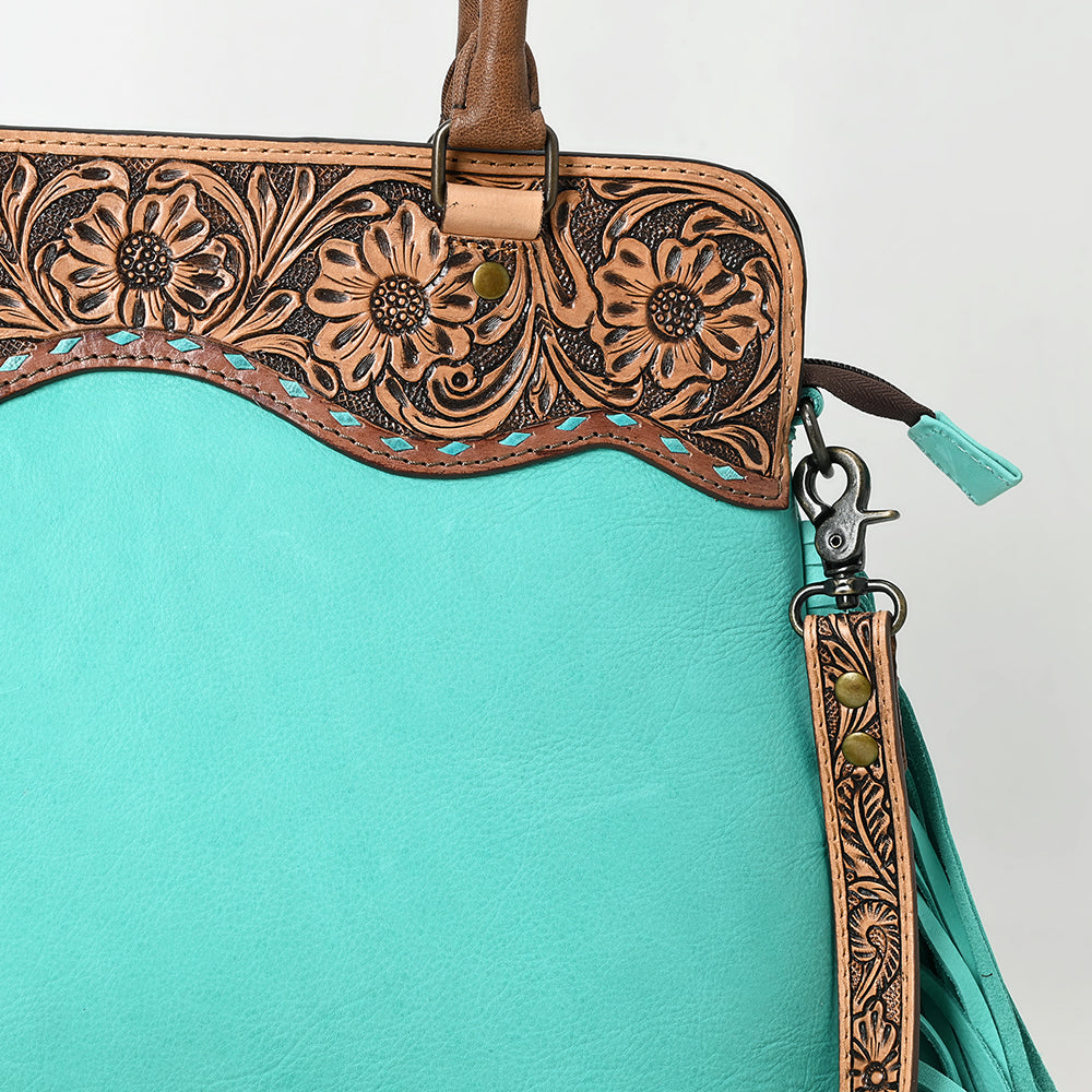 ADBG1502 Turquoise Leather Western Tote - Tooled Floral Yoke, Fringe & Crossbody Strap