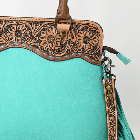 American Darling Western Leather Tote Bag with Hand-Tooled Floral Panel & Fringe Accents