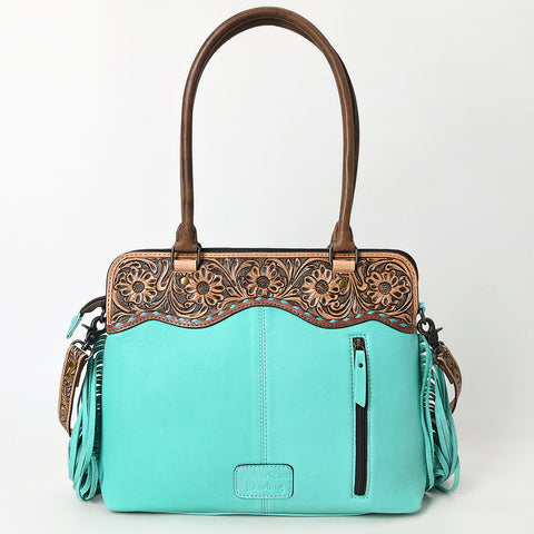 American Darling Western Leather Tote Bag with Hand-Tooled Floral Panel & Fringe Accents