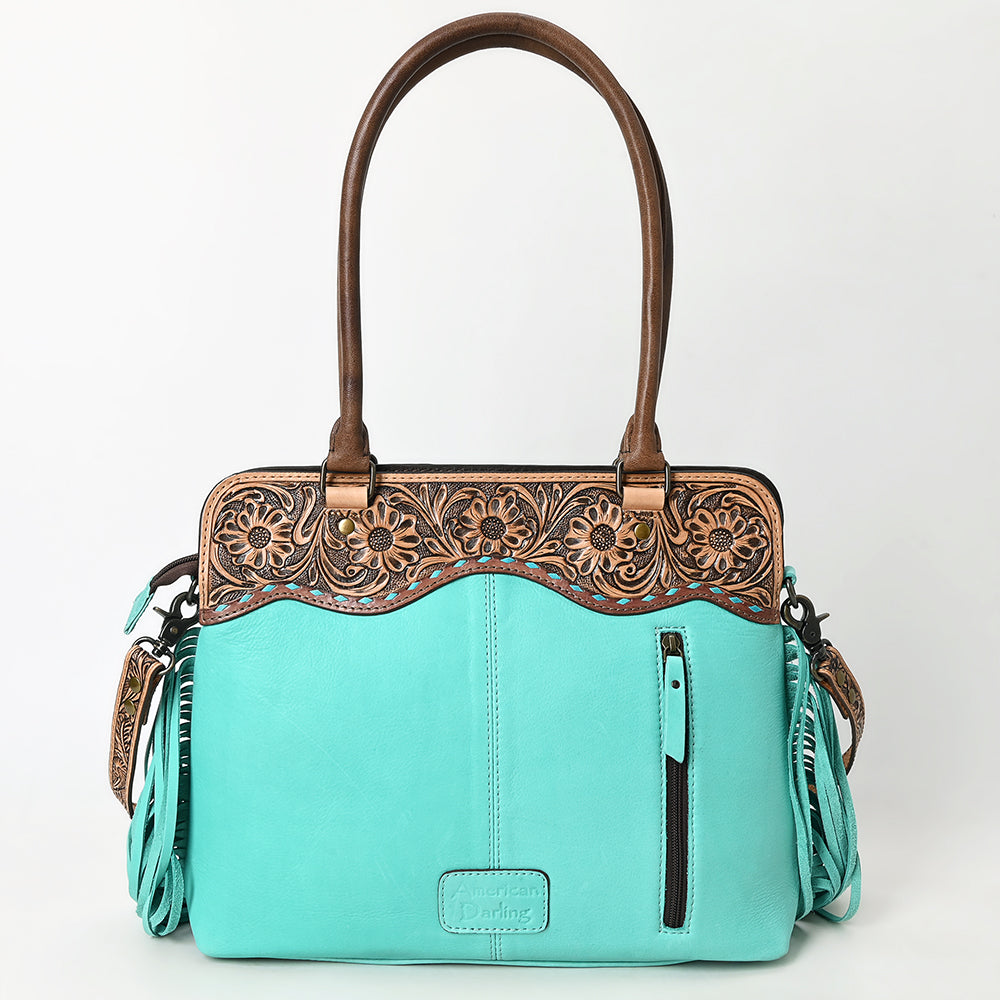 ADBG1502 Turquoise Leather Western Tote - Tooled Floral Yoke, Fringe & Crossbody Strap