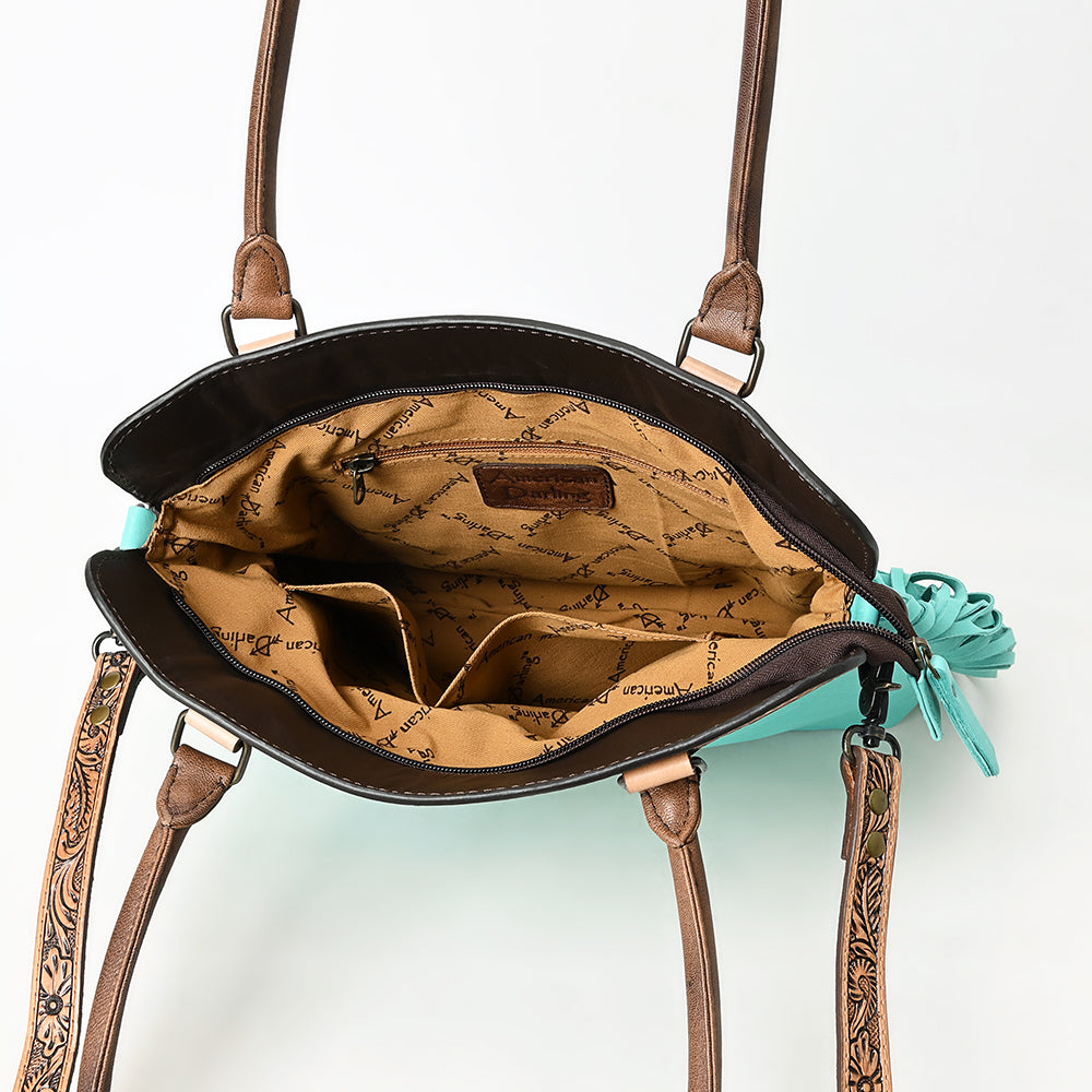 ADBG1502 Turquoise Leather Western Tote - Tooled Floral Yoke, Fringe & Crossbody Strap