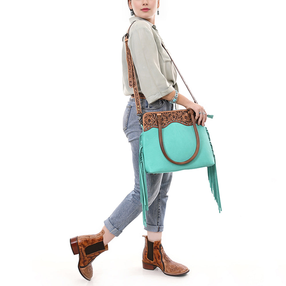 ADBG1502 Turquoise Leather Western Tote - Tooled Floral Yoke, Fringe & Crossbody Strap