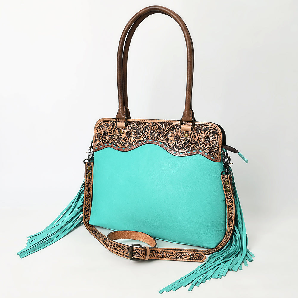 ADBG1502 Turquoise Leather Western Tote - Tooled Floral Yoke, Fringe & Crossbody Strap