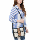 ADBG1503 Cowhide & Tooled Leather Crossbody Bag - Whipstitch Trim & Antique Buckle