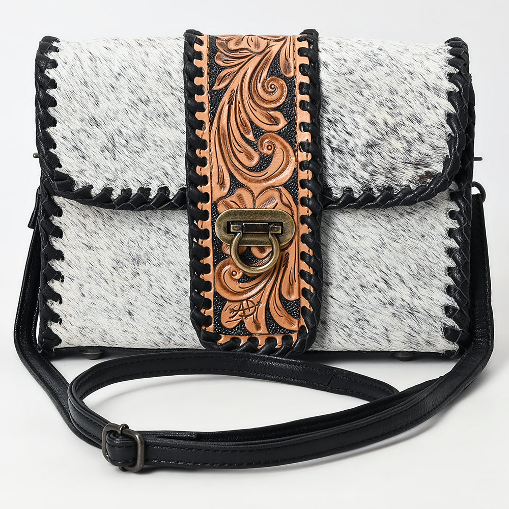 ADBG1503 Cowhide & Tooled Leather Crossbody Bag - Whipstitch Trim & Antique Buckle