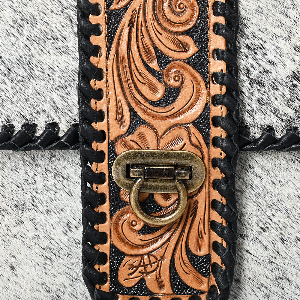 ADBG1503 Cowhide & Tooled Leather Crossbody Bag - Whipstitch Trim & Antique Buckle