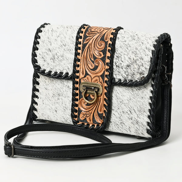 ADBG1503 Cowhide & Tooled Leather Crossbody Bag - Whipstitch Trim & Antique Buckle