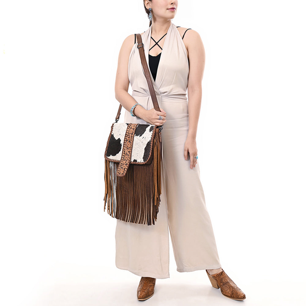 ADBG1504 Cowhide Crossbody Bag with Hand Tooled Leather Flap & Fringe - Western Floral Accent