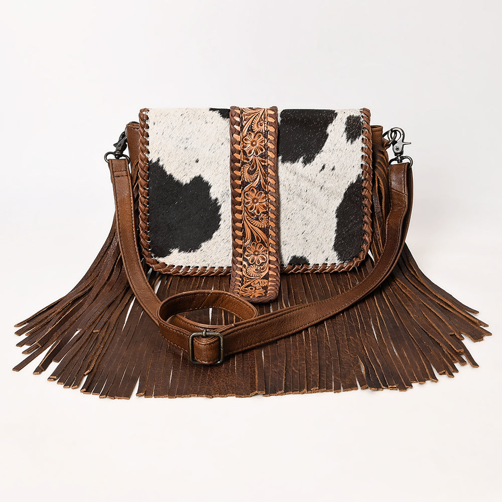 ADBG1504 Cowhide Crossbody Bag with Hand Tooled Leather Flap & Fringe - Western Floral Accent
