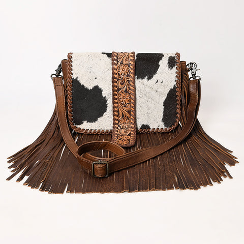 American Darling Western Leather Cross Body Bag with Hair-On Cowhide & Tooled Panel Fringe