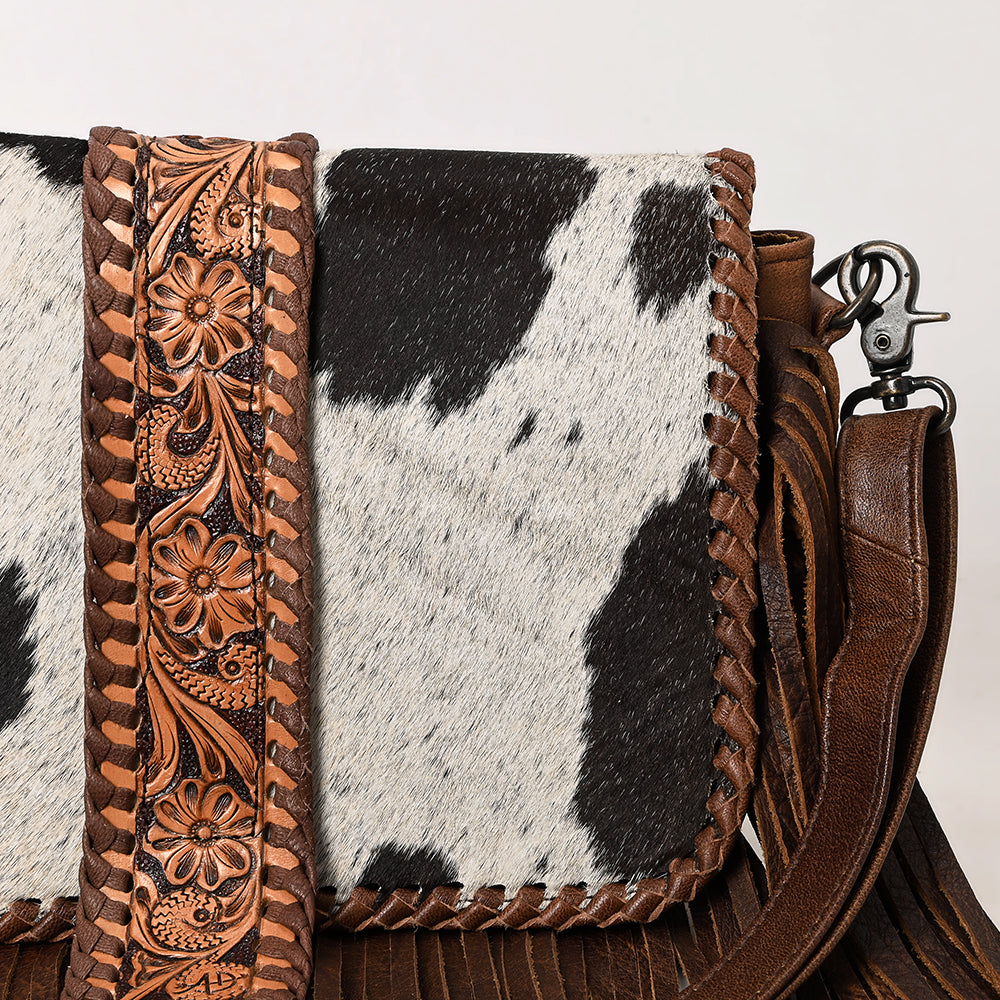 ADBG1504 Cowhide Crossbody Bag with Hand Tooled Leather Flap & Fringe - Western Floral Accent