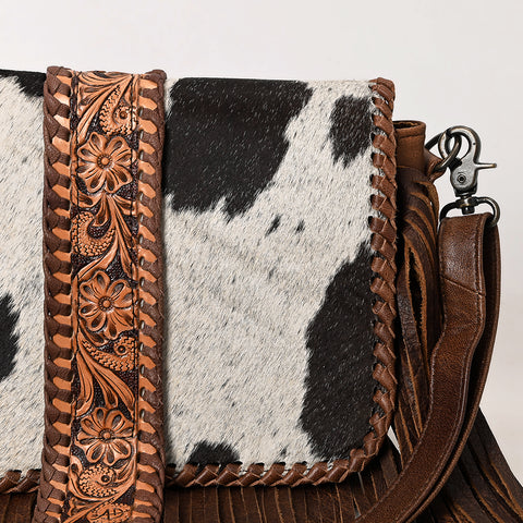 American Darling Western Leather Cross Body Bag with Hair-On Cowhide & Tooled Panel Fringe