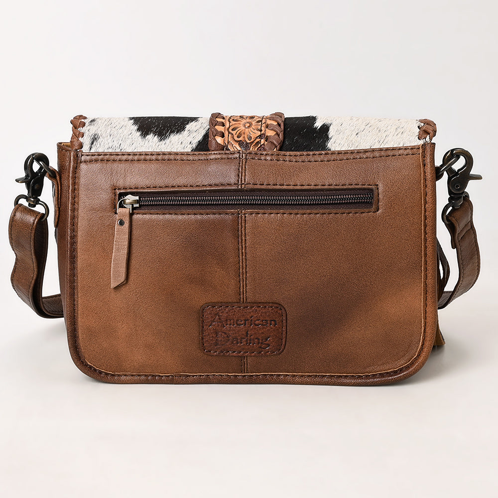 ADBG1504 Cowhide Crossbody Bag with Hand Tooled Leather Flap & Fringe - Western Floral Accent