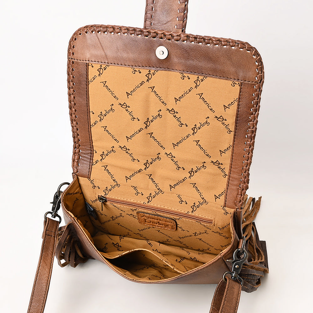 ADBG1504 Cowhide Crossbody Bag with Hand Tooled Leather Flap & Fringe - Western Floral Accent