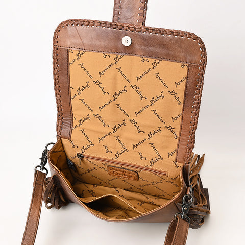 American Darling Western Leather Cross Body Bag with Hair-On Cowhide & Tooled Panel Fringe