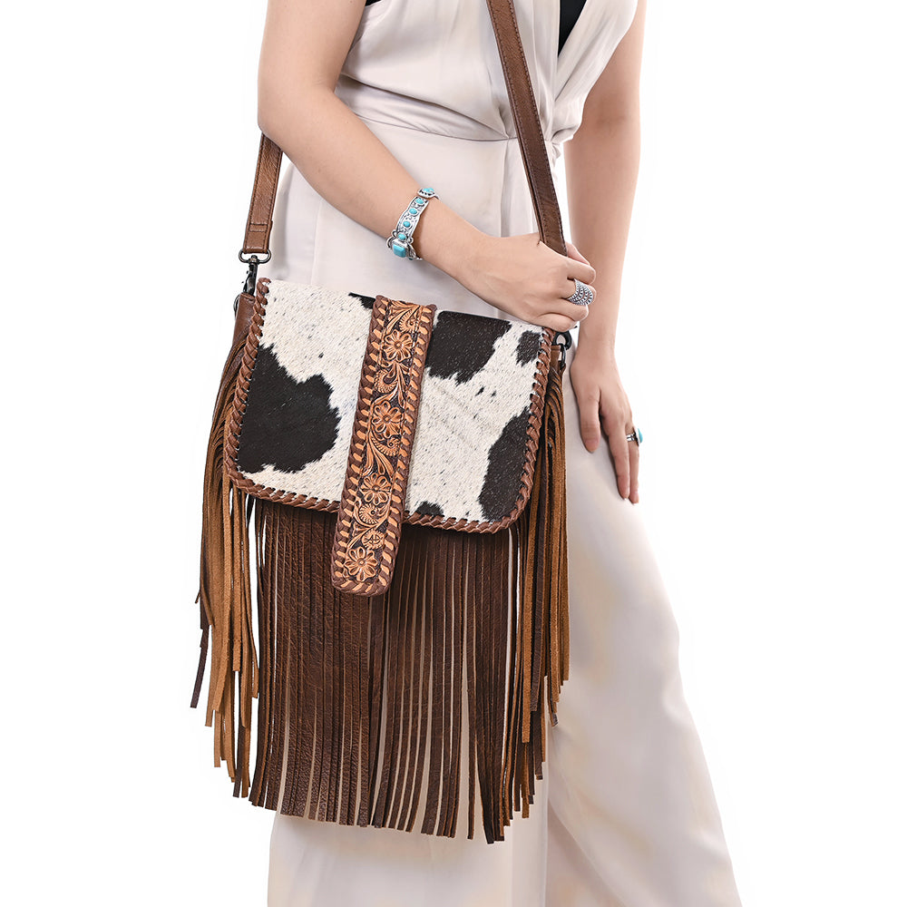 ADBG1504 Cowhide Crossbody Bag with Hand Tooled Leather Flap & Fringe - Western Floral Accent