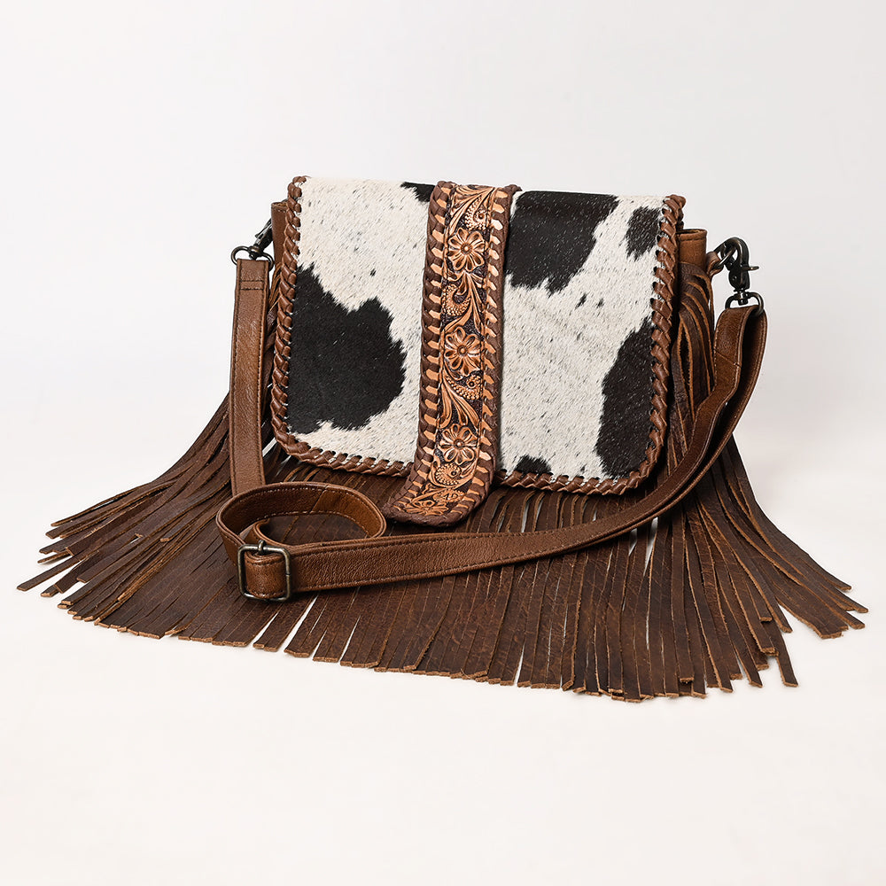 ADBG1504 Cowhide Crossbody Bag with Hand Tooled Leather Flap & Fringe - Western Floral Accent