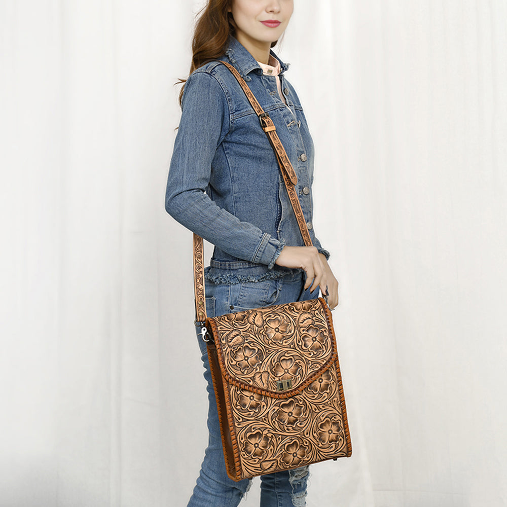 ADBG1505 Natural Hand-Tooled Leather Crossbody Bag - Full Floral Carving & Whipstitch Trim