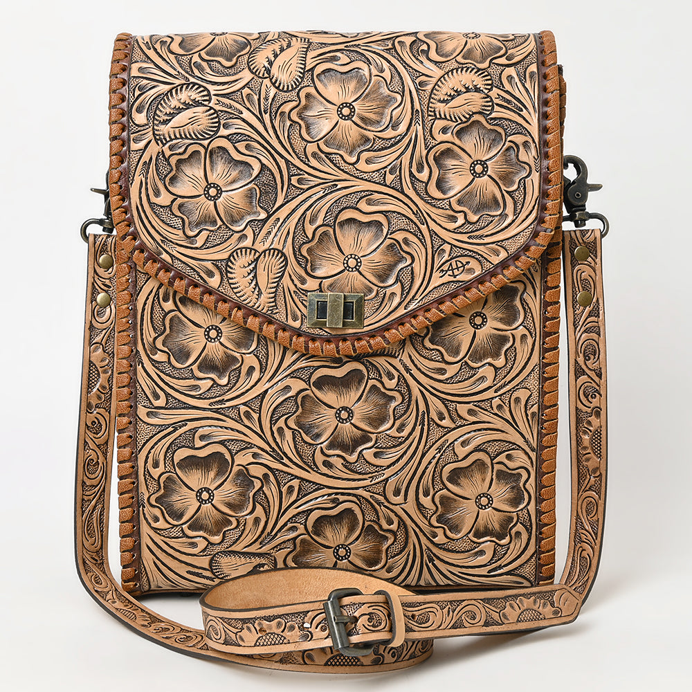 ADBG1505 Natural Hand-Tooled Leather Crossbody Bag - Full Floral Carving & Whipstitch Trim