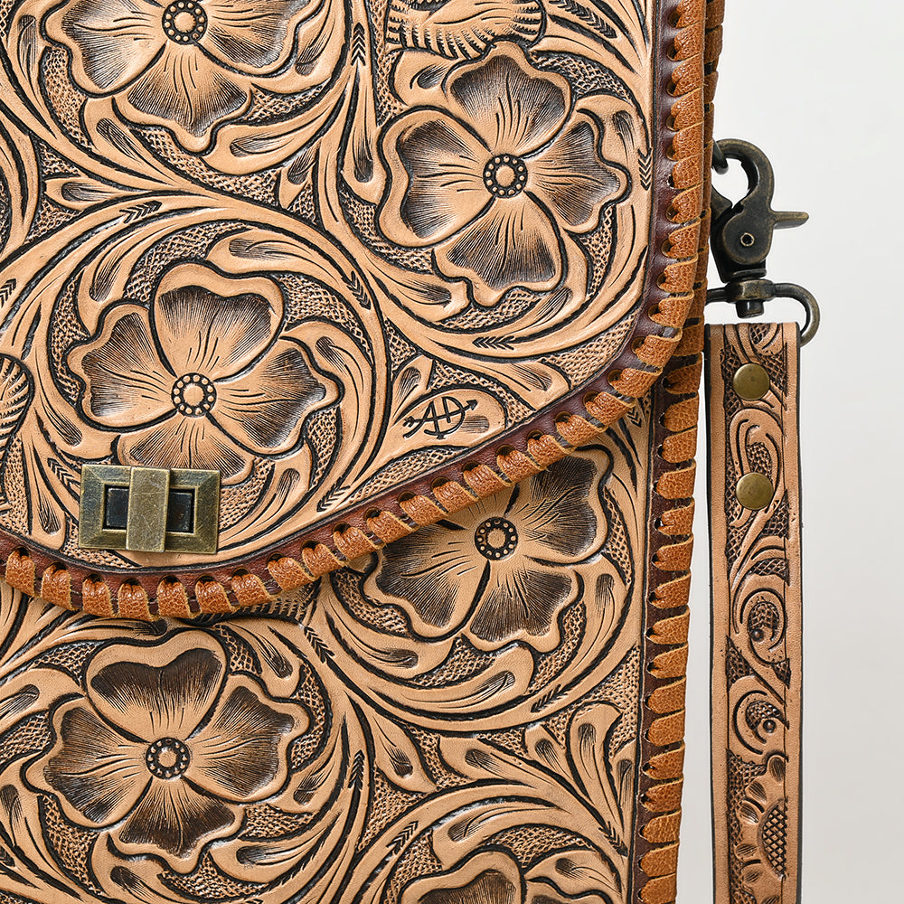 ADBG1505 Natural Hand-Tooled Leather Crossbody Bag - Full Floral Carving & Whipstitch Trim