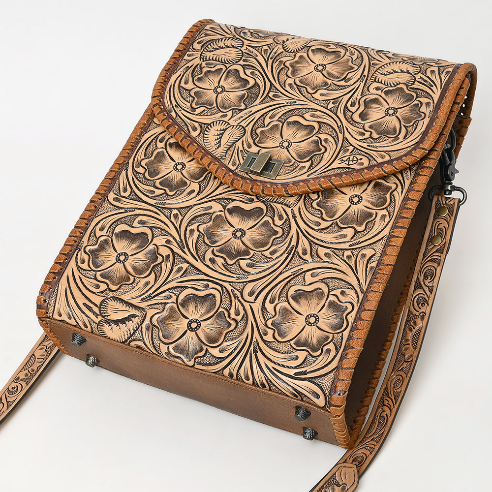 ADBG1505 Natural Hand-Tooled Leather Crossbody Bag - Full Floral Carving & Whipstitch Trim