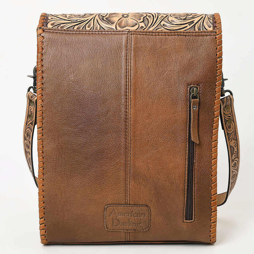 ADBG1505 Natural Hand-Tooled Leather Crossbody Bag - Full Floral Carving & Whipstitch Trim