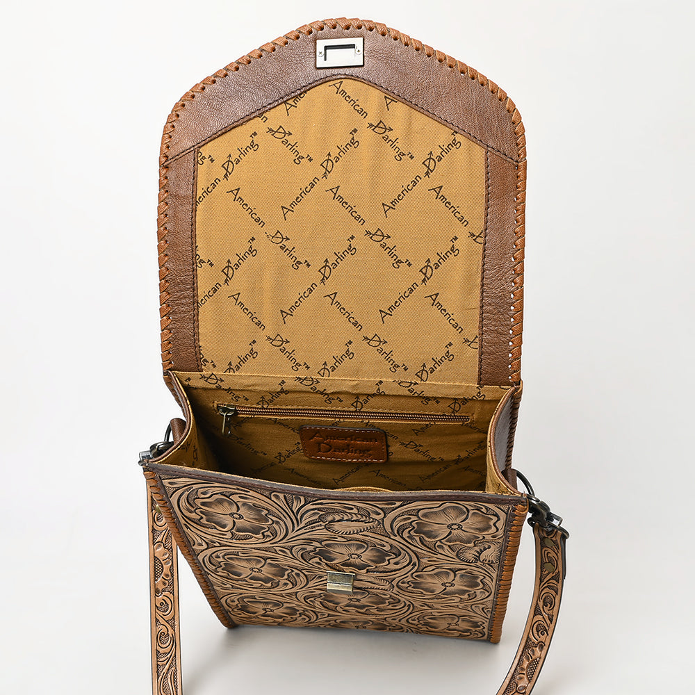 ADBG1505 Natural Hand-Tooled Leather Crossbody Bag - Full Floral Carving & Whipstitch Trim