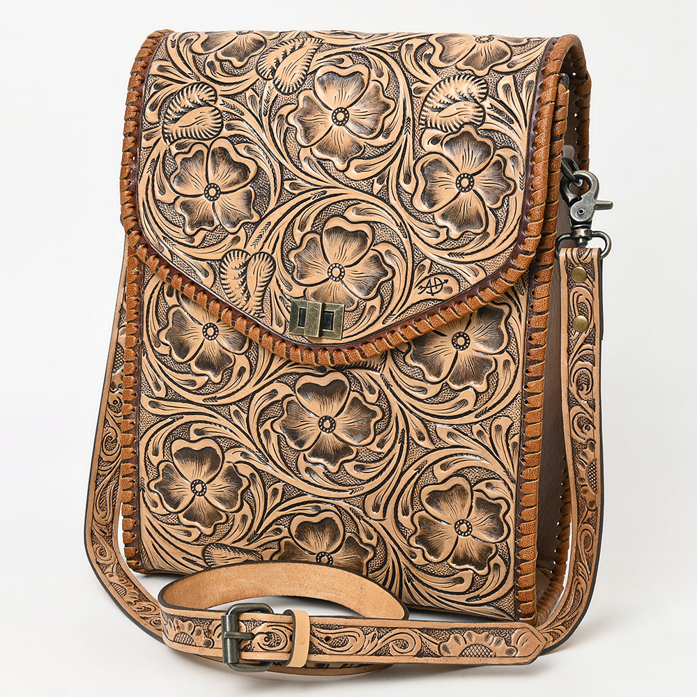 ADBG1505 Natural Hand-Tooled Leather Crossbody Bag - Full Floral Carving & Whipstitch Trim