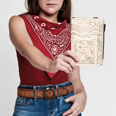 American Darling Western Leather Card Holder Bag with Hand-Tooled Floral Carved Detail