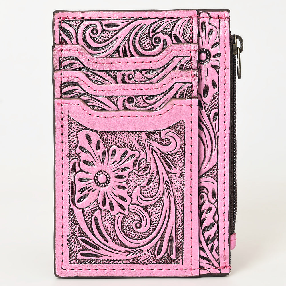ADBG1506C Pink Tooled Leather Card Holder - Multi-Slot Western Zipper Wallet
