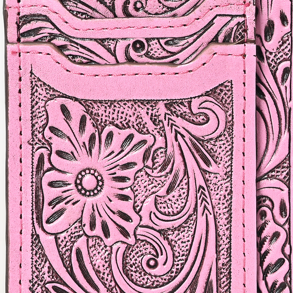 ADBG1506C Pink Tooled Leather Card Holder - Multi-Slot Western Zipper Wallet