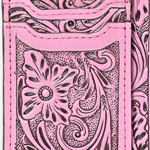 American Darling Pink Western Leather Card Holder Bag with Hand-Tooled Floral Carving