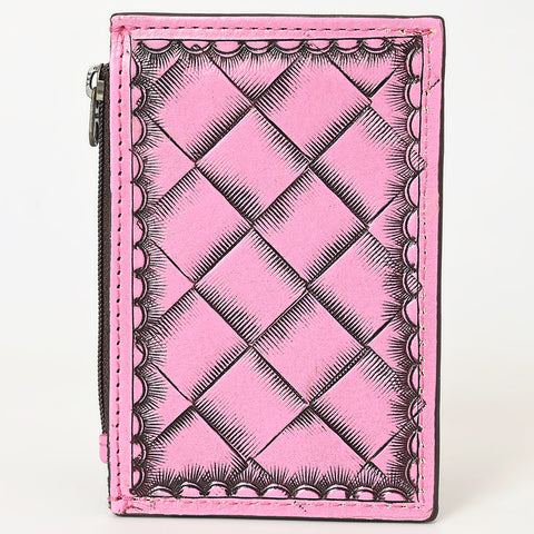American Darling Pink Western Leather Card Holder Bag with Hand-Tooled Floral Carving