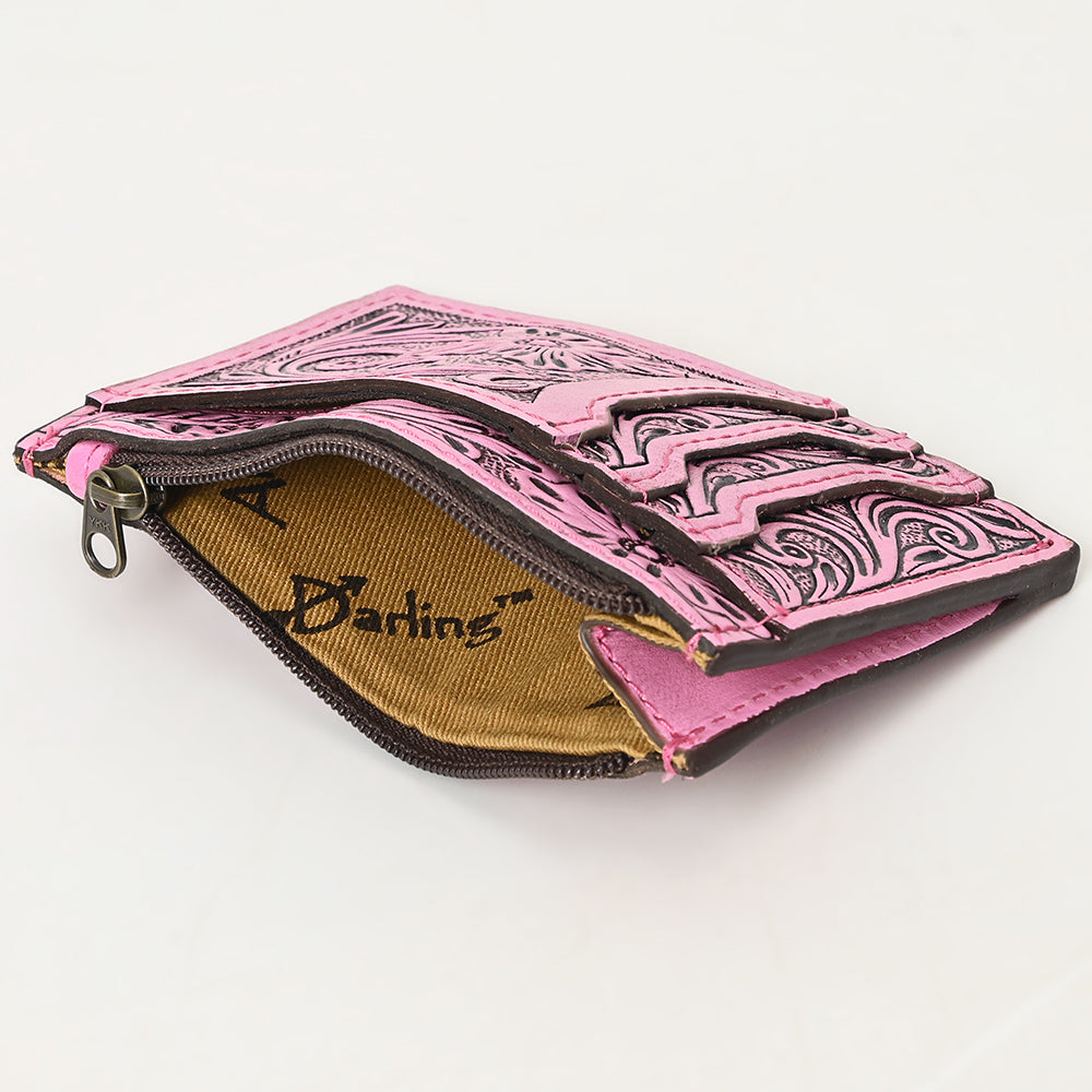 ADBG1506C Pink Tooled Leather Card Holder - Multi-Slot Western Zipper Wallet