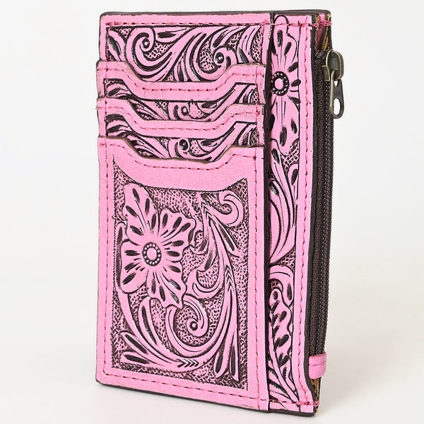 ADBG1506C Pink Tooled Leather Card Holder - Multi-Slot Western Zipper Wallet