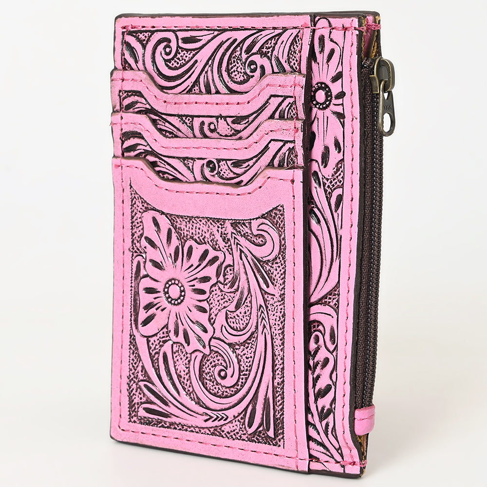 ADBG1506C Pink Tooled Leather Card Holder - Multi-Slot Western Zipper Wallet