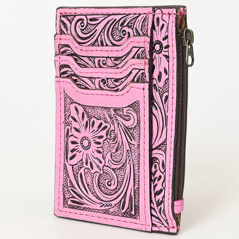 American Darling Pink Western Leather Card Holder Bag with Hand-Tooled Floral Carving