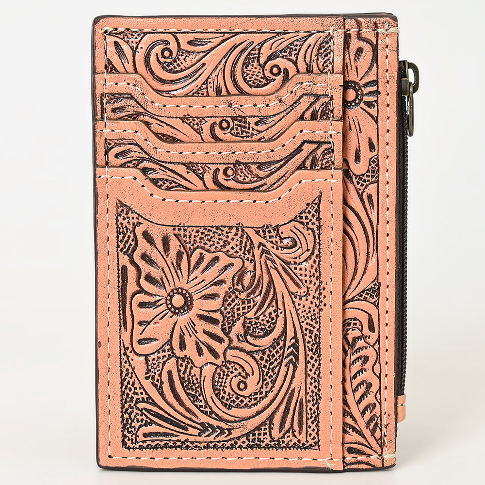 ADBG1506 Tooled Leather Card Holder - Multi-Slot Western Zipper Wallet