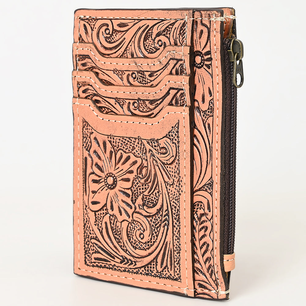 ADBG1506 Tooled Leather Card Holder - Multi-Slot Western Zipper Wallet