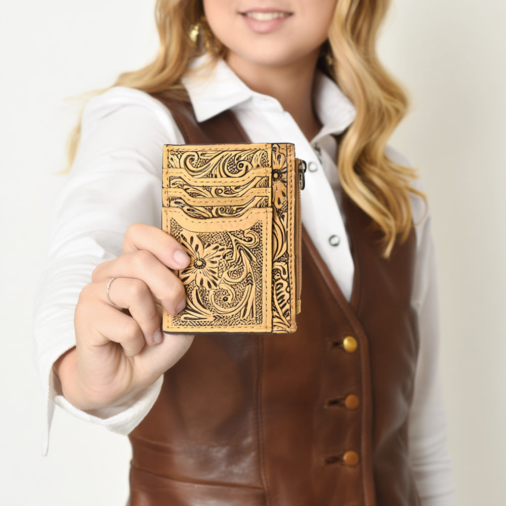 ADBG1506 Tooled Leather Card Holder - Multi-Slot Western Zipper Wallet