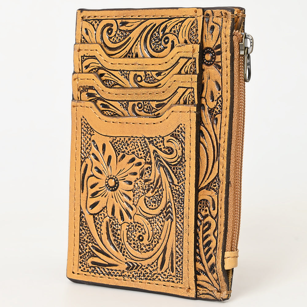 ADBG1506 Tooled Leather Card Holder - Multi-Slot Western Zipper Wallet