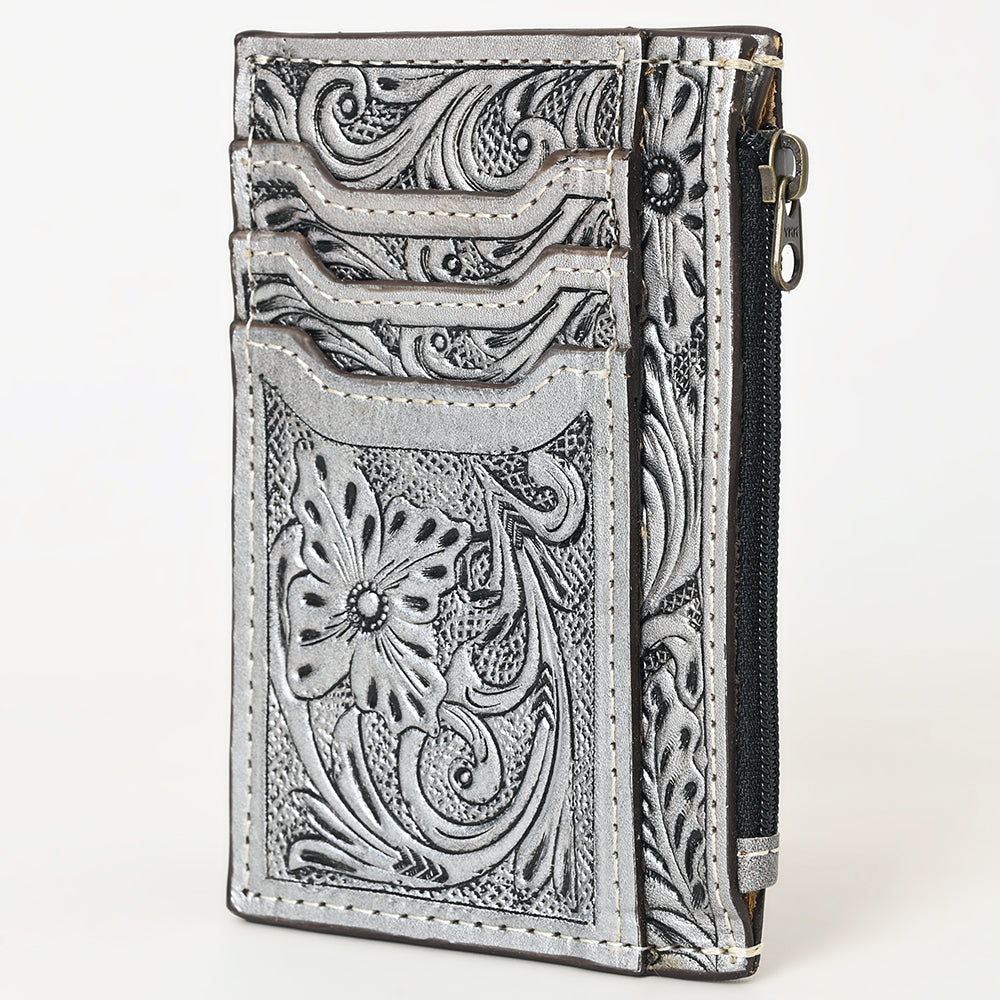 ADBG1506 Tooled Leather Card Holder - Multi-Slot Western Zipper Wallet