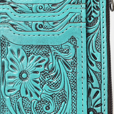 American Darling Western Leather Card Holder Bag with Hand-Tooled Floral Carved Detail